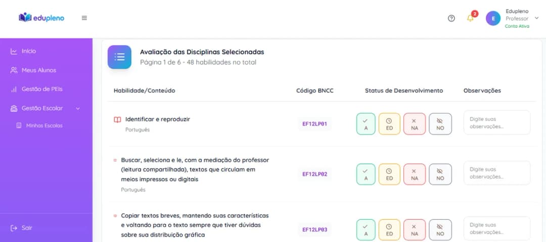 Criação de PEI com BNCC integrado