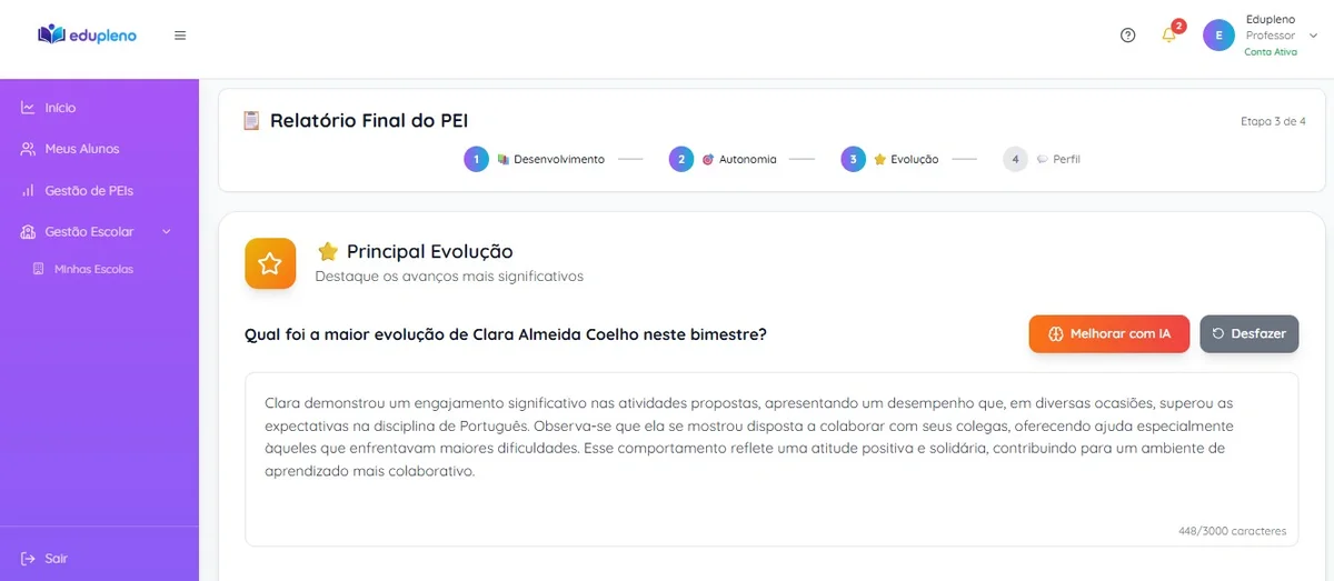 Relatório de evolução do aluno gerado por IA